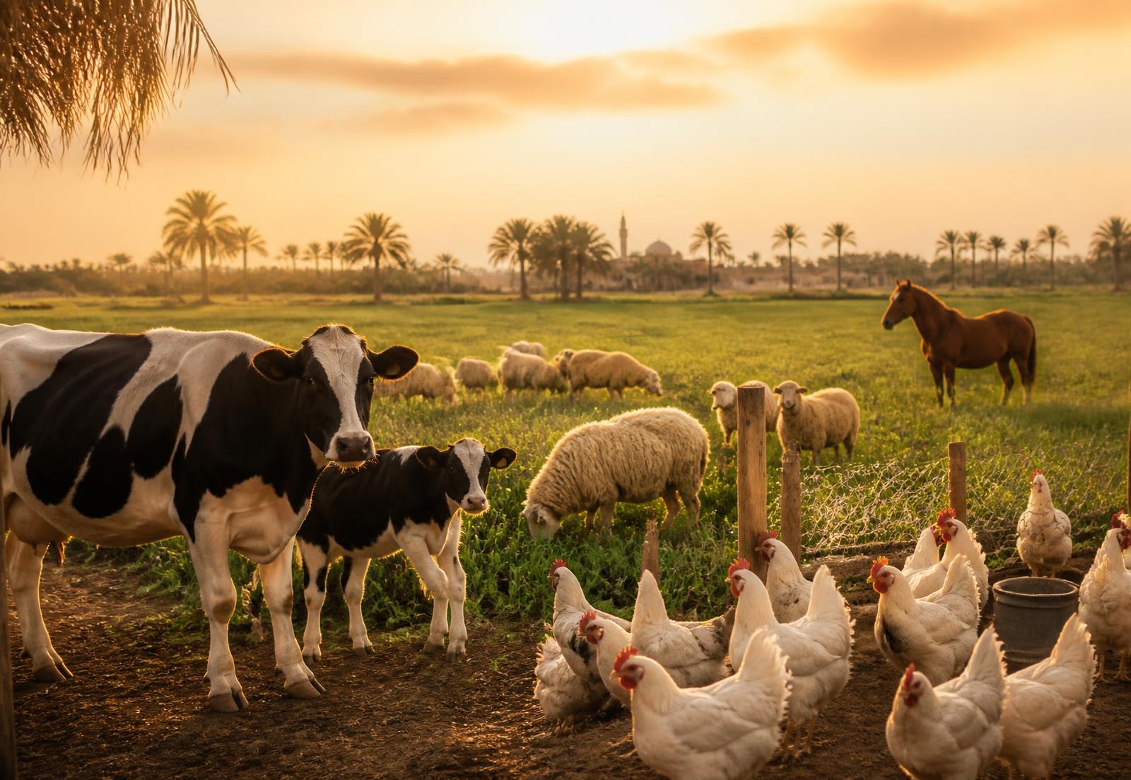 Cattle, sheep and white chickens on a healthy Iraqi farm at sunset