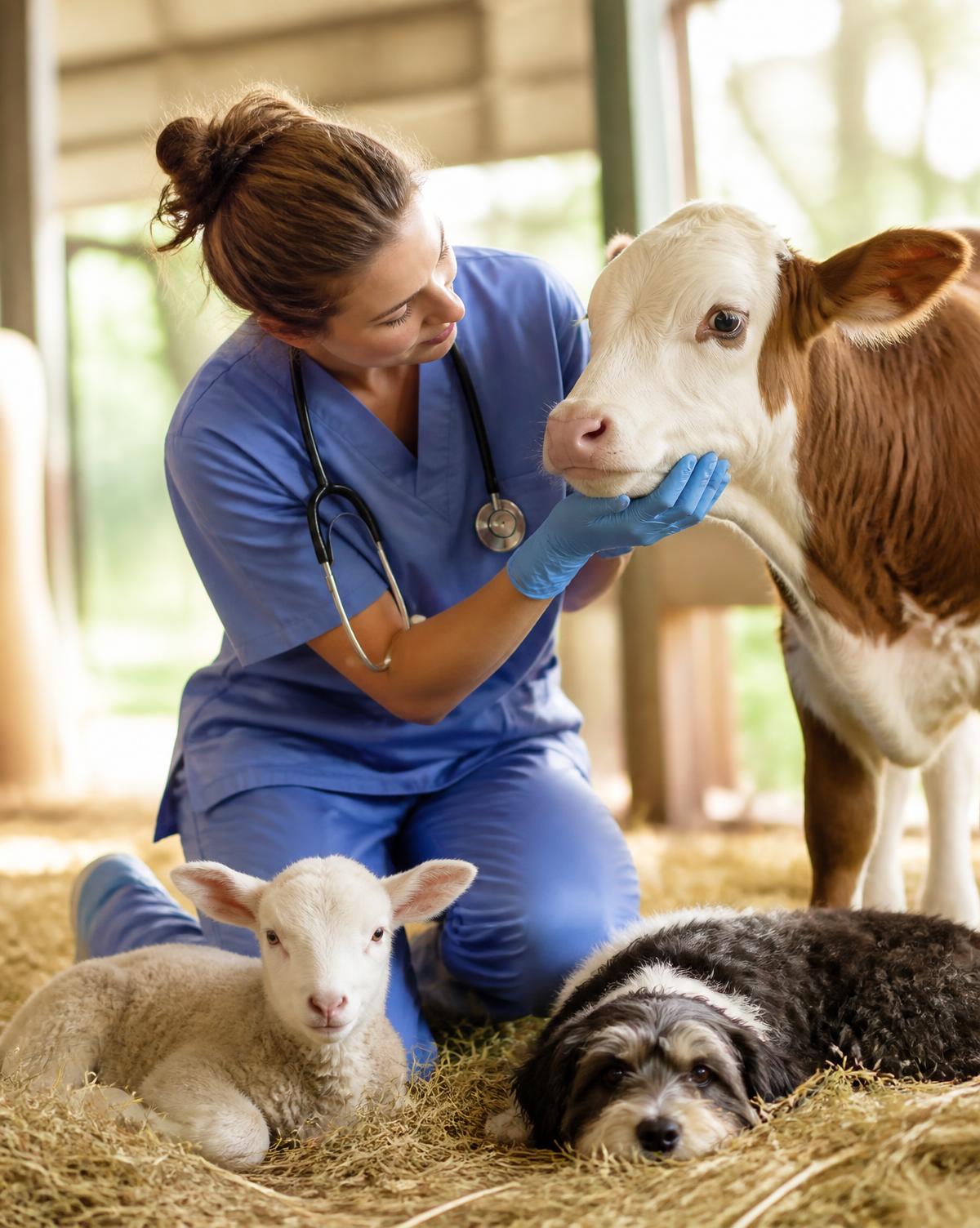 Veterinarian caring for a calf, a lamb and a dog